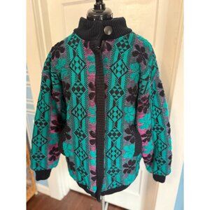 VTG 90s Green + Black Geometric Floral Insulated Acrylic Knit Jacket Lrg